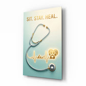Sit Stay Heal Veterinary Stethoscope Glass Wall Art - Lifestyle preview in a designer interior