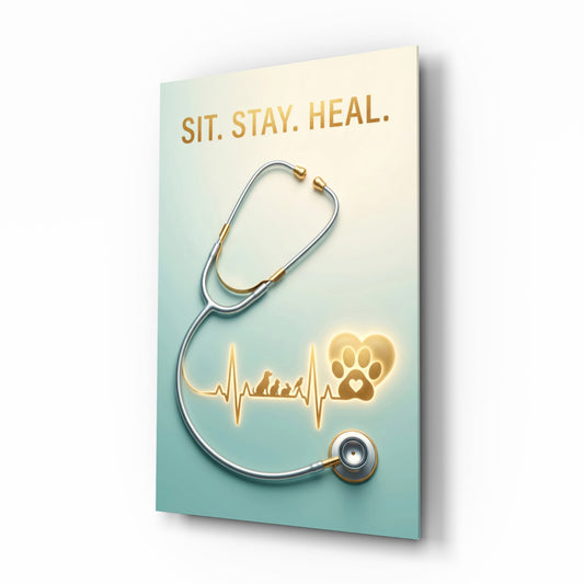 Sit Stay Heal Veterinary Stethoscope Glass Wall Art - Lifestyle preview in a designer interior