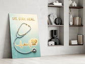 sit stay heal veterinary stethoscope panel resting in a shelving niche in a modern interior