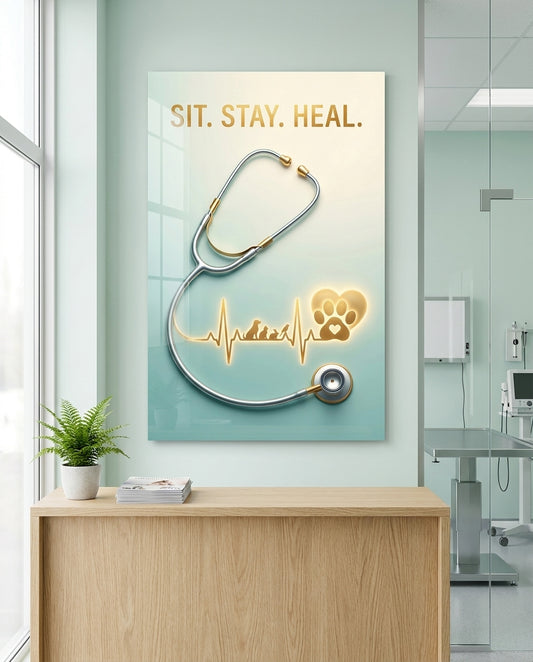 Sit Stay Heal Veterinary Stethoscope Glass Wall Art