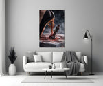 stiletto heel crushing a chess king panel bringing character to a minimalist living room wall