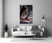 stiletto heel crushing a chess king panel bringing character to a minimalist living room wall