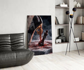 stiletto heel crushing a chess king glass wall art leaning beside a dark leather sofa