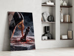 stiletto heel crushing a chess king panel resting in a shelving niche in a modern interior