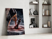 stiletto heel crushing a chess king panel resting in a shelving niche in a modern interior