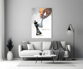low-poly hand toppling a chess king panel bringing character to a minimalist living room wall