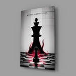 a pawn facing a king-sized shadow glass wall art angled to show the polished tempered glass panel