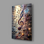 a glowing treble clef among music notes glass wall art angled to show the polished tempered glass panel