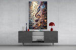 a glowing treble clef among music notes glass wall art displayed above a console in a designer interior