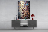 a glowing treble clef among music notes glass wall art displayed above a console in a designer interior