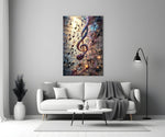 a glowing treble clef among music notes panel bringing character to a minimalist living room wall