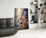 a glowing treble clef among music notes glass wall art leaning beside a dark leather sofa