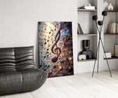a glowing treble clef among music notes glass wall art leaning beside a dark leather sofa
