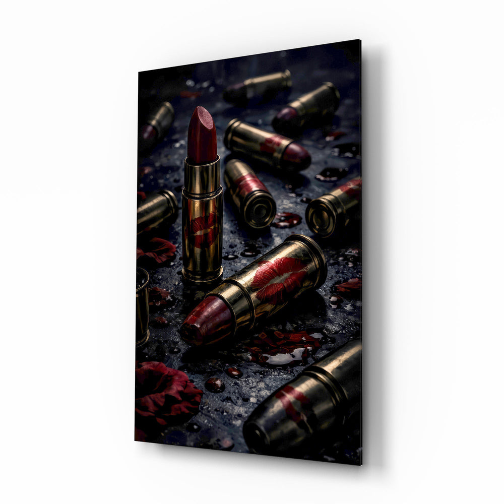 Lipstick and Bullets Red Kiss Glass Wall Art - Lifestyle preview in a designer interior