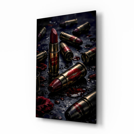 Lipstick and Bullets Red Kiss Glass Wall Art - Lifestyle preview in a designer interior