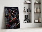 red lipstick among brass bullet casings panel resting in a shelving niche in a modern interior