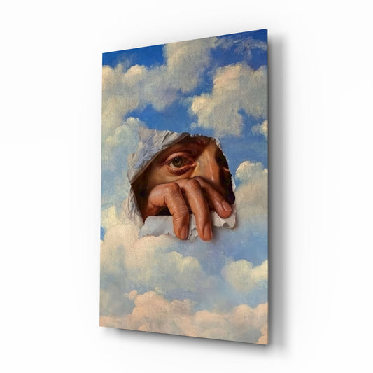 Torn Sky Eye and Hand Surreal Glass Wall Art - Lifestyle preview in a designer interior