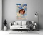 an eye and hand breaking through a painted sky panel bringing character to a minimalist living room wall