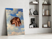 an eye and hand breaking through a painted sky panel resting in a shelving niche in a modern interior