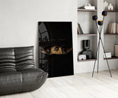 money talks torn dollar bill eyes glass wall art leaning beside a dark leather sofa