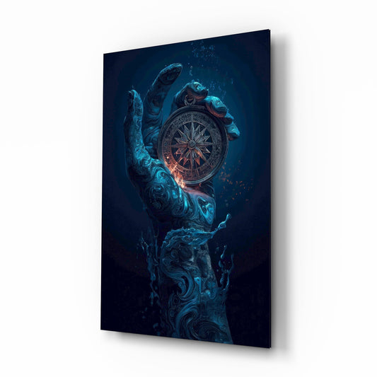 Liquid Water Hand Ornate Compass Glass Wall Art - Lifestyle preview in a designer interior