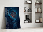 liquid water hand holding an ornate compass panel resting in a shelving niche in a modern interior