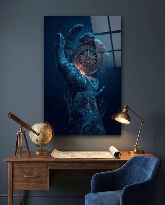 Liquid Water Hand Ornate Compass Glass Wall Art