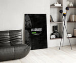 billionaire loading progress bar glass wall art leaning beside a dark leather sofa