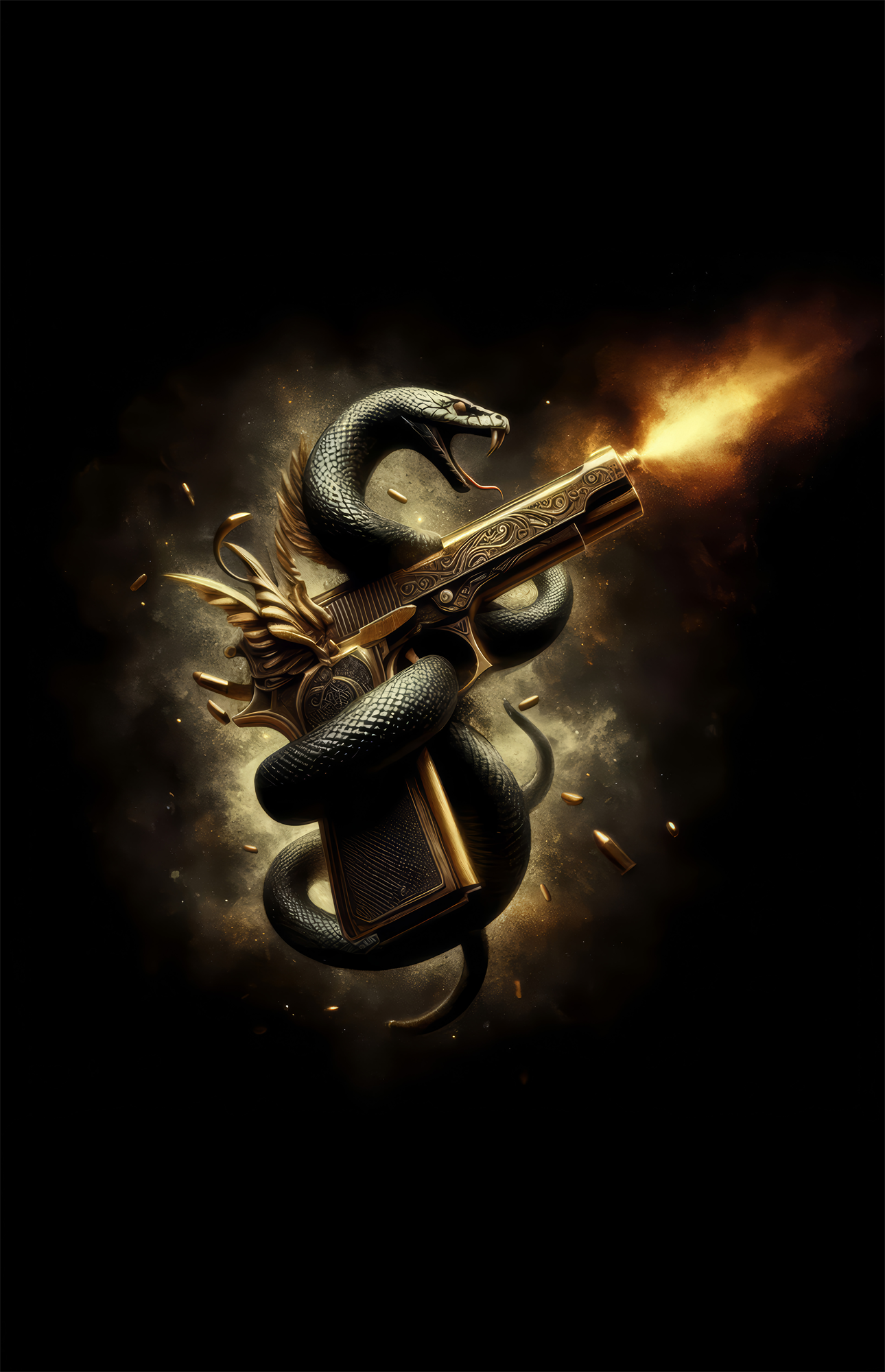 Golden Pistol and Black Serpent Glass Wall Art