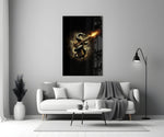 golden pistol wrapped by a black serpent panel bringing character to a minimalist living room wall