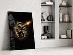 golden pistol wrapped by a black serpent panel resting in a shelving niche in a modern interior