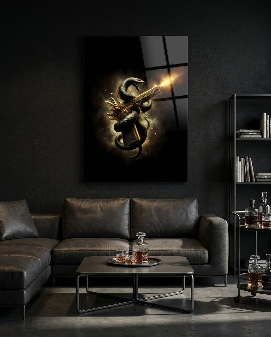 Golden Pistol and Black Serpent Glass Wall Art