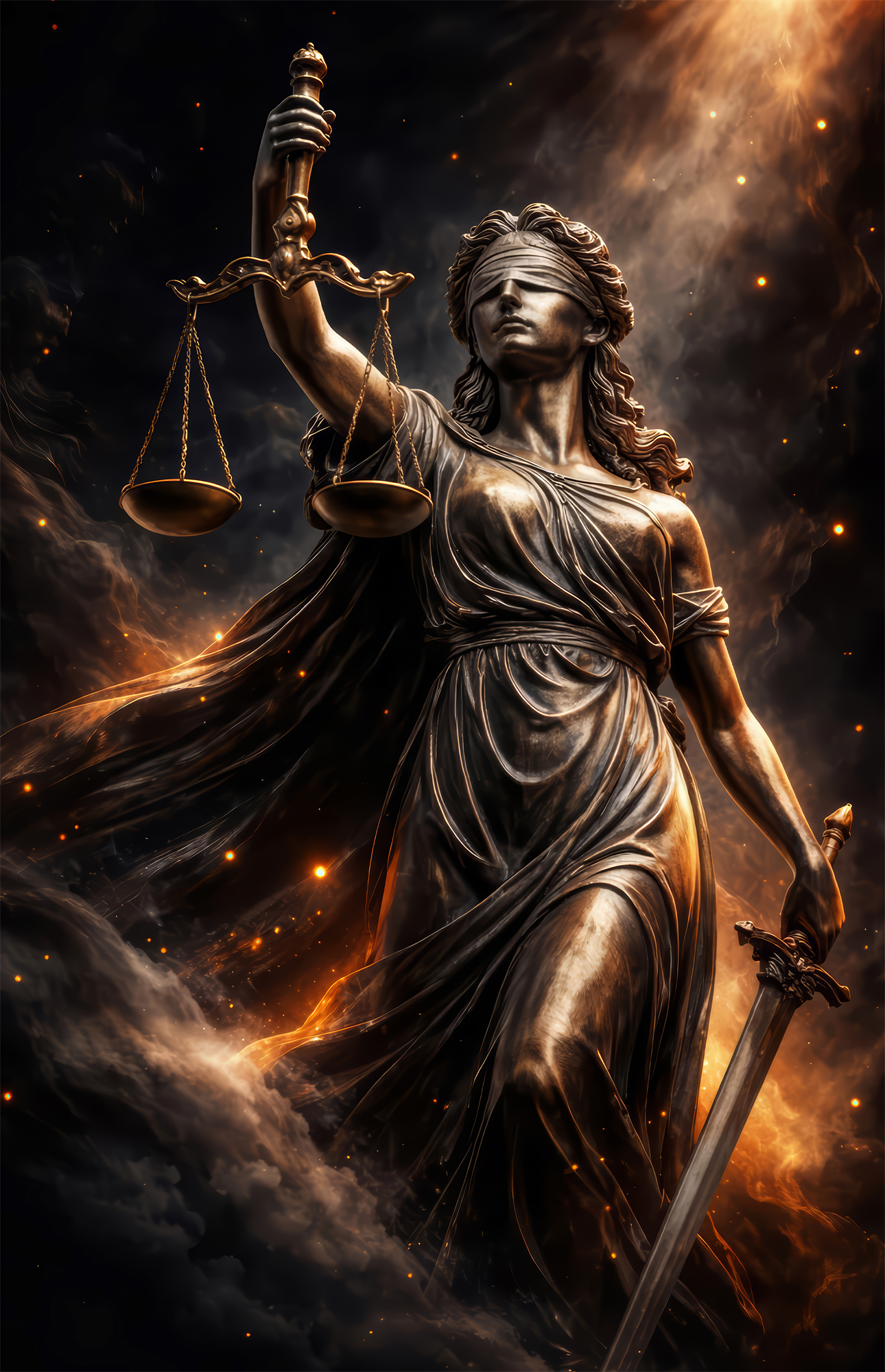 Lady Justice Bronze Scales Ember Glass Wall Art
