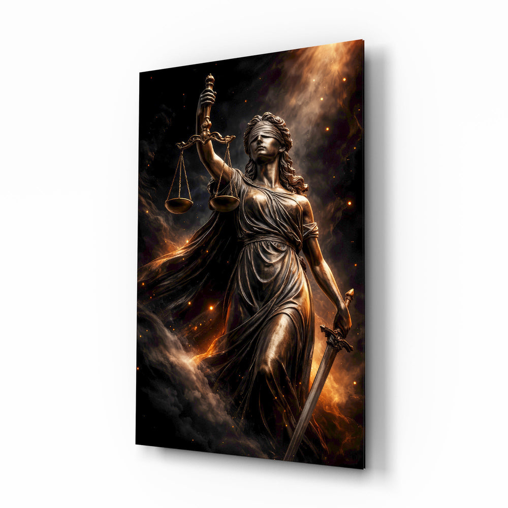 Lady Justice Bronze Scales Ember Glass Wall Art - Lifestyle preview in a designer interior