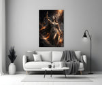blindfolded Lady Justice with scales and sword panel bringing character to a minimalist living room wall