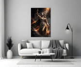 blindfolded Lady Justice with scales and sword panel bringing character to a minimalist living room wall