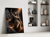 blindfolded Lady Justice with scales and sword panel resting in a shelving niche in a modern interior
