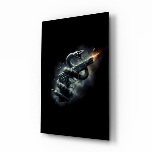 Serpent Coiled Firing Pistol Dark Glass Wall Art - Lifestyle preview in a designer interior