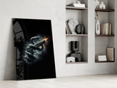 a serpent coiled around a firing pistol panel resting in a shelving niche in a modern interior