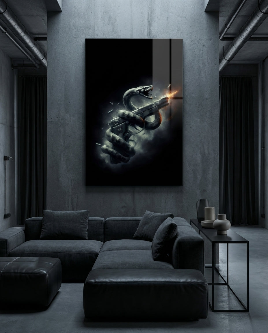 Serpent Coiled Firing Pistol Dark Glass Wall Art