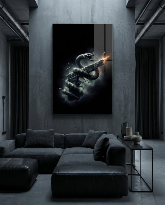 Serpent Coiled Firing Pistol Dark Glass Wall Art