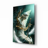 Winged Blindfolded Lady Justice Glass Wall Art - Lifestyle preview in a designer interior