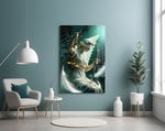 a winged blindfolded figure of justice glass wall art styled above an armchair in a reading corner