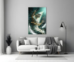 a winged blindfolded figure of justice panel bringing character to a minimalist living room wall