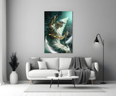 a winged blindfolded figure of justice panel bringing character to a minimalist living room wall