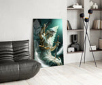 a winged blindfolded figure of justice glass wall art leaning beside a dark leather sofa