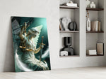a winged blindfolded figure of justice panel resting in a shelving niche in a modern interior