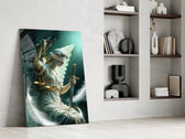 a winged blindfolded figure of justice panel resting in a shelving niche in a modern interior