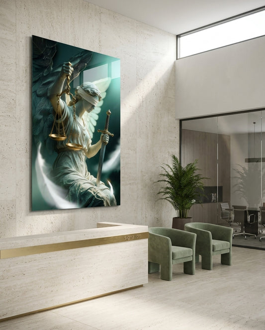 Winged Blindfolded Lady Justice Glass Wall Art