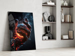 a molten stone hand cradling a glowing planet panel resting in a shelving niche in a modern interior